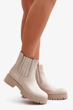 New Boto Wsuwane Botki Damskie Na Płaskim Obcasie Skórzane Lewski 3611 Jasnobeżowe Beżowy