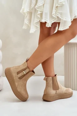 Czarne Botki|Botki Płaskie>Boto Wsuwane Botki Damskie Na Platformie Z Przypinką Eko Zamszowe Brązowe Ciatheia