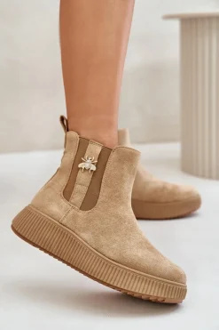 Czarne Botki|Botki Płaskie>Boto Wsuwane Botki Damskie Na Platformie Z Przypinką Eko Zamszowe Brązowe Ciatheia