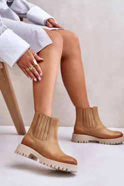 Botki Płaskie>Boto Wsuwane Botki Damskie Na Płaskim Obcasie Skórzane Lewski 3611 Brązowe Brązowy