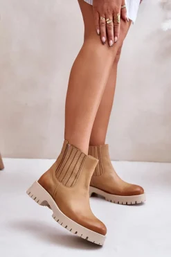 Botki Płaskie>Boto Wsuwane Botki Damskie Na Płaskim Obcasie Skórzane Lewski 3611 Brązowe Brązowy