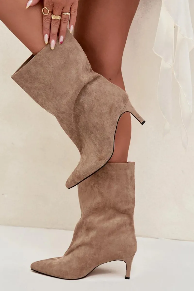 Wsuwane Botki Damskie Na Szpilce Beżowe Solvienne Damskie Botki Ocieplane|Botki Na Obcasie