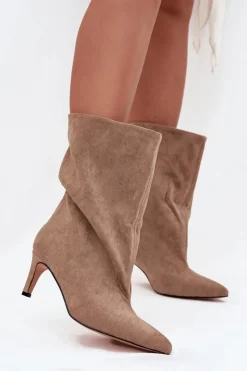 Wsuwane Botki Damskie Na Szpilce Beżowe Solvienne Damskie Botki Ocieplane|Botki Na Obcasie