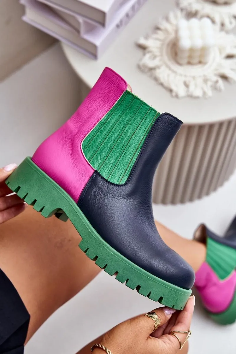 Boto Wsuwane Botki Damskie Na Płaskim Obcasie Skórzane Lewski 3611 Multikolor