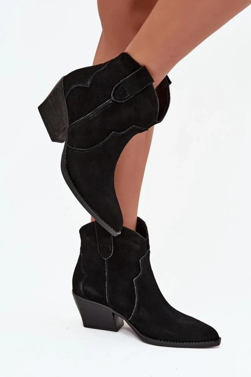 Botki Ocieplane|Botki Na Słupku>Boto Wsuwane Botki Kowbojki Damskie Z Naturalnego Zamszu Czarne Beretta Czarny