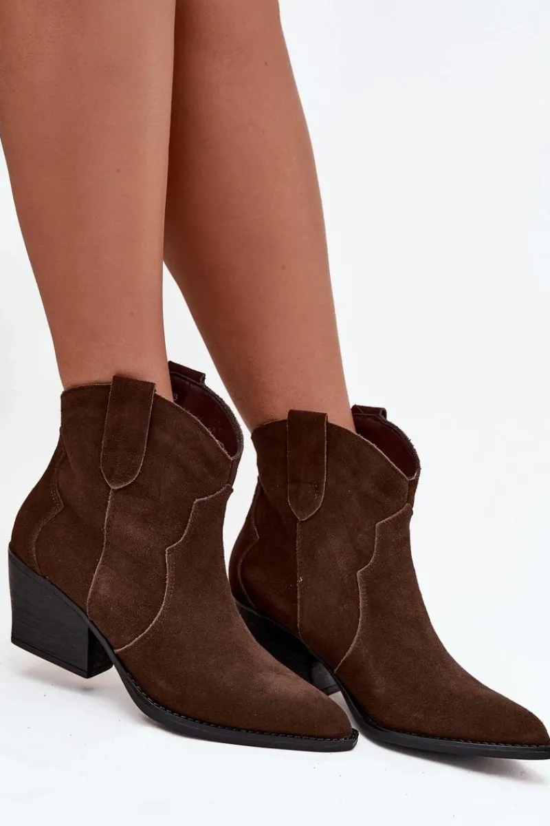 Boto Wsuwane Botki Kowbojki Damskie Z Naturalnego Zamszu Czekoladowe Beretta Brązowy