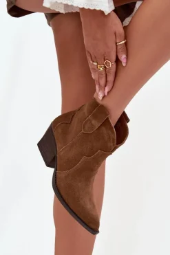 Best Wsuwane Botki Kowbojki Damskie Z Naturalnego Zamszu Camel Beretta Damskie Botki Ocieplane|Botki Na Słupku