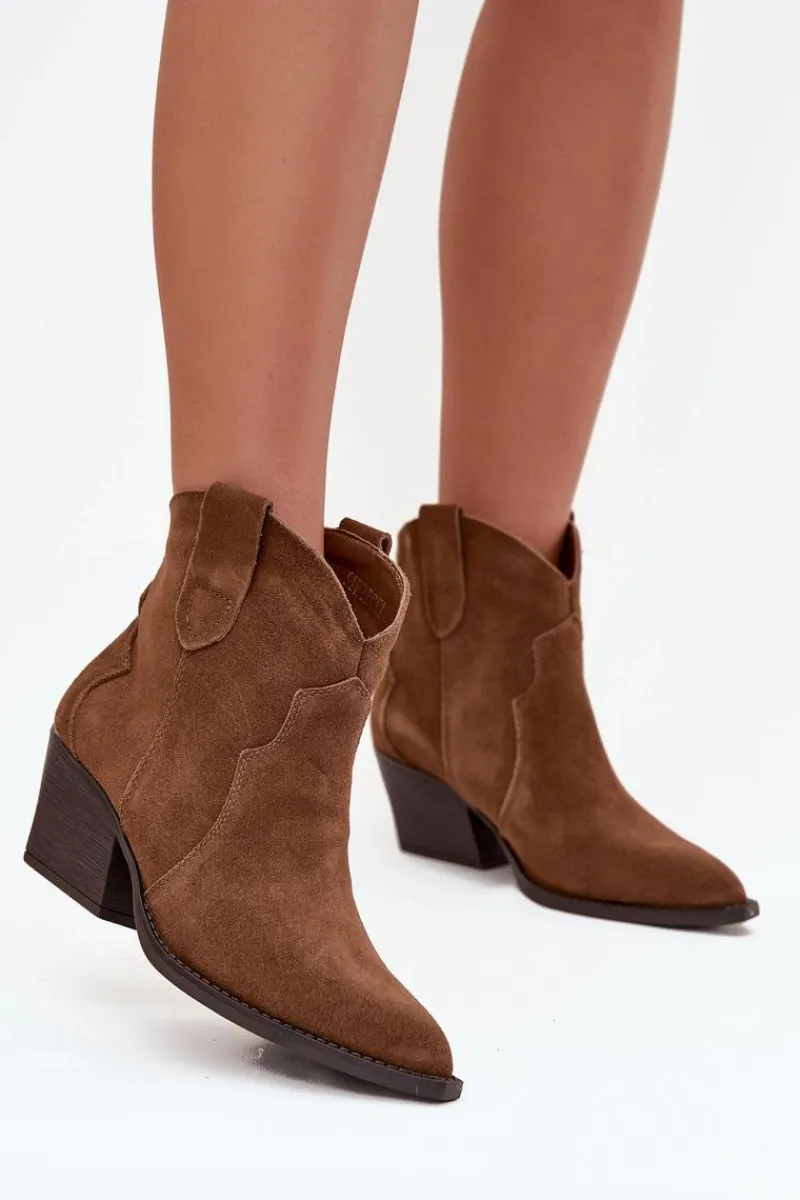 Best Wsuwane Botki Kowbojki Damskie Z Naturalnego Zamszu Camel Beretta Damskie Botki Ocieplane|Botki Na Słupku