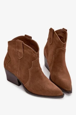 Best Wsuwane Botki Kowbojki Damskie Z Naturalnego Zamszu Camel Beretta Damskie Botki Ocieplane|Botki Na Słupku