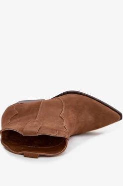 Best Wsuwane Botki Kowbojki Damskie Z Naturalnego Zamszu Camel Beretta Damskie Botki Ocieplane|Botki Na Słupku