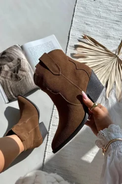 Best Wsuwane Botki Kowbojki Damskie Z Naturalnego Zamszu Camel Beretta Damskie Botki Ocieplane|Botki Na Słupku