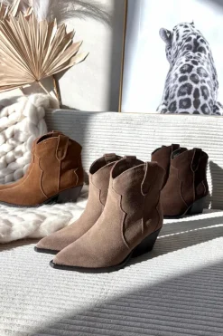 Best Wsuwane Botki Kowbojki Damskie Z Naturalnego Zamszu Camel Beretta Damskie Botki Ocieplane|Botki Na Słupku