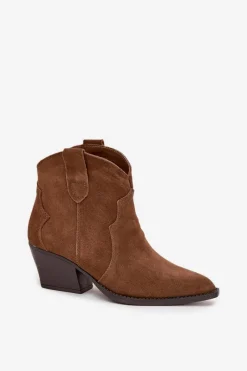 Best Wsuwane Botki Kowbojki Damskie Z Naturalnego Zamszu Camel Beretta Damskie Botki Ocieplane|Botki Na Słupku