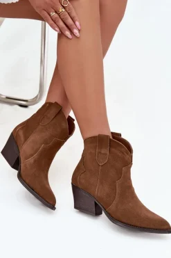 Best Wsuwane Botki Kowbojki Damskie Z Naturalnego Zamszu Camel Beretta Damskie Botki Ocieplane|Botki Na Słupku