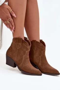 Best Wsuwane Botki Kowbojki Damskie Z Naturalnego Zamszu Camel Beretta Damskie Botki Ocieplane|Botki Na Słupku