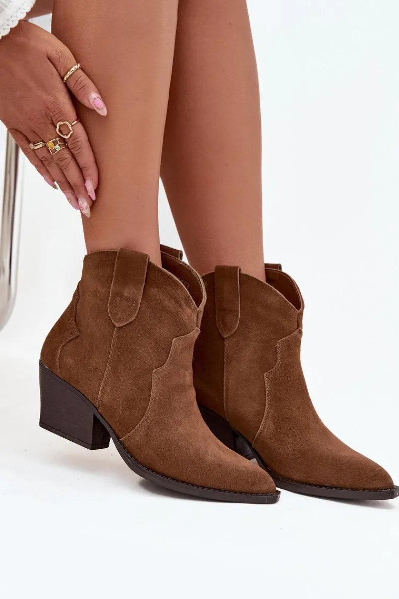 Best Wsuwane Botki Kowbojki Damskie Z Naturalnego Zamszu Camel Beretta Damskie Botki Ocieplane|Botki Na Słupku