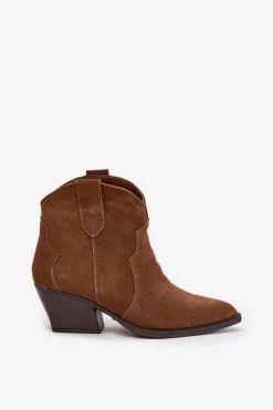 Best Wsuwane Botki Kowbojki Damskie Z Naturalnego Zamszu Camel Beretta Damskie Botki Ocieplane|Botki Na Słupku