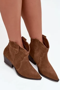 Best Wsuwane Botki Kowbojki Damskie Z Naturalnego Zamszu Camel Beretta Damskie Botki Ocieplane|Botki Na Słupku