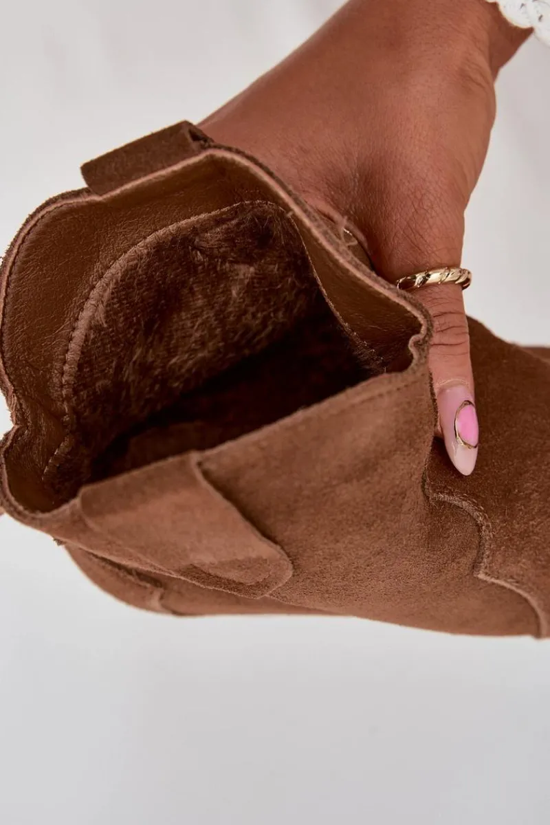 Best Wsuwane Botki Kowbojki Damskie Z Naturalnego Zamszu Camel Beretta Damskie Botki Ocieplane|Botki Na Słupku