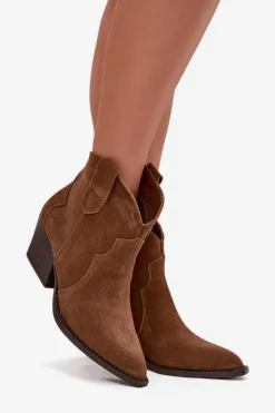 Best Wsuwane Botki Kowbojki Damskie Z Naturalnego Zamszu Camel Beretta Damskie Botki Ocieplane|Botki Na Słupku