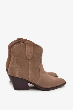 Clearance Boto Wsuwane Botki Kowbojki Damskie Z Naturalnego Zamszu Beżowe Beretta Beżowy