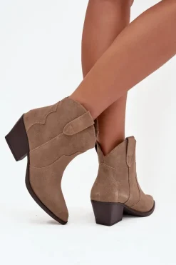 Clearance Boto Wsuwane Botki Kowbojki Damskie Z Naturalnego Zamszu Beżowe Beretta Beżowy