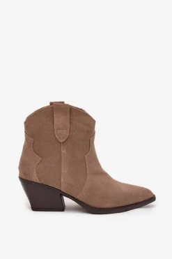 Clearance Boto Wsuwane Botki Kowbojki Damskie Z Naturalnego Zamszu Beżowe Beretta Beżowy