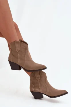 Clearance Boto Wsuwane Botki Kowbojki Damskie Z Naturalnego Zamszu Beżowe Beretta Beżowy