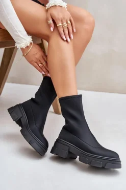 Sale Wsuwane Botki Na Płaskim Obcasie Czarne Ravendria Damskie Czarne Botki|Botki Płaskie