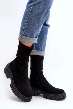 Hot Wsuwane Botki Workery Na Płaskim Obcasie Czarne Divella Damskie Botki Płaskie|Botki Workery