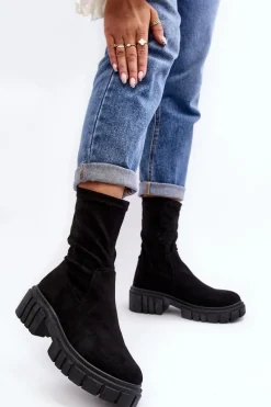 Hot Wsuwane Botki Workery Na Płaskim Obcasie Czarne Divella Damskie Botki Płaskie|Botki Workery