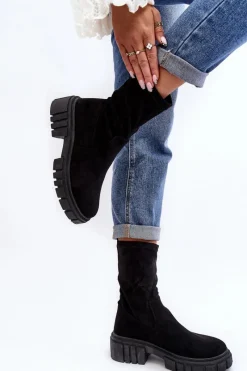 Hot Wsuwane Botki Workery Na Płaskim Obcasie Czarne Divella Damskie Botki Płaskie|Botki Workery