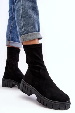 Hot Wsuwane Botki Workery Na Płaskim Obcasie Czarne Divella Damskie Botki Płaskie|Botki Workery