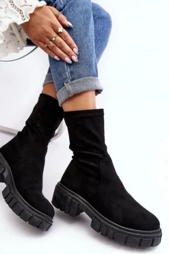 Hot Wsuwane Botki Workery Na Płaskim Obcasie Czarne Divella Damskie Botki Płaskie|Botki Workery