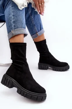 Hot Wsuwane Botki Workery Na Płaskim Obcasie Czarne Divella Damskie Botki Płaskie|Botki Workery