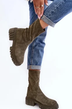 Clearance Boto Wsuwane Botki Workery Na Płaskim Obcasie Zielone Divella