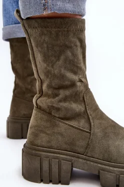 Clearance Boto Wsuwane Botki Workery Na Płaskim Obcasie Zielone Divella