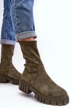 Clearance Boto Wsuwane Botki Workery Na Płaskim Obcasie Zielone Divella