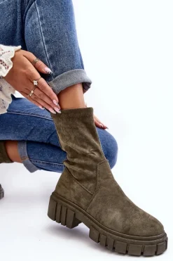 Clearance Boto Wsuwane Botki Workery Na Płaskim Obcasie Zielone Divella
