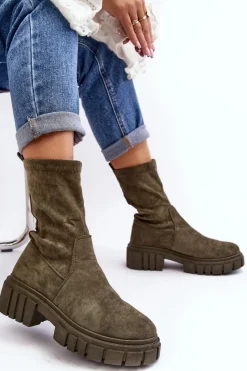 Clearance Boto Wsuwane Botki Workery Na Płaskim Obcasie Zielone Divella