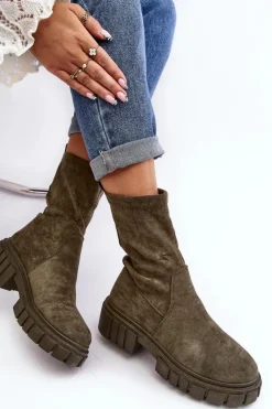 Clearance Boto Wsuwane Botki Workery Na Płaskim Obcasie Zielone Divella