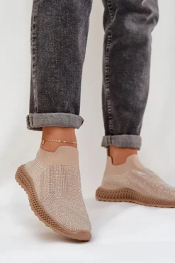 Best Wsuwane Buty Sportowe Damskie Ze Zdobieniem D&A TW121 Beżowe Damskie Sneakersy Damskie