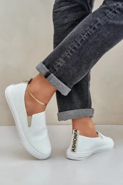 Online Wsuwane Eko Skórzane Damskie Tenisówki Trampki Z Napisem Jasnobeżowe Zalinne Damskie Trampki Damskie Slip-On|Trampki Damskie Niskie