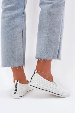Clearance Wsuwane Eko Skórzane Damskie Tenisówki Trampki Z Napisem Białe Zalinne Damskie Trampki Damskie Slip-On|Trampki Damskie Niskie