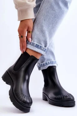 Online Wsuwane Gumowe Botki Kalosze Sztyblety Czarne Carme Damskie Kalosze Damskie|Czarne Botki