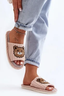 New Wsuwane Kapcie Damskie Z Misiem Beżowe Demare Damskie Kapcie Klasyczne