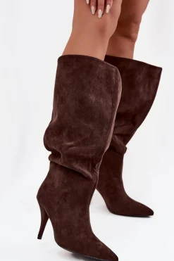 Sale Wsuwane Kozaki Damskie Na Szpilce Z Eko Zamszu Czekoladowe Noretta Damskie Kozaki Ocieplane|Kozaki Na Szpilce