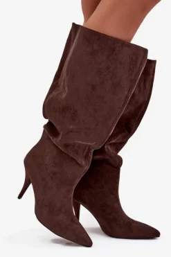 Sale Wsuwane Kozaki Damskie Na Szpilce Z Eko Zamszu Czekoladowe Noretta Damskie Kozaki Ocieplane|Kozaki Na Szpilce