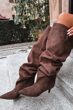 Sale Boto Wsuwane Kozaki Damskie Na Szpilce Czekoladowe Ysolienne Brązowy