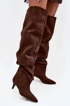 Sale Boto Wsuwane Kozaki Damskie Na Szpilce Czekoladowe Ysolienne Brązowy